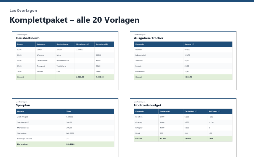 Vorschau auf alle 20 Excel-Vorlagen